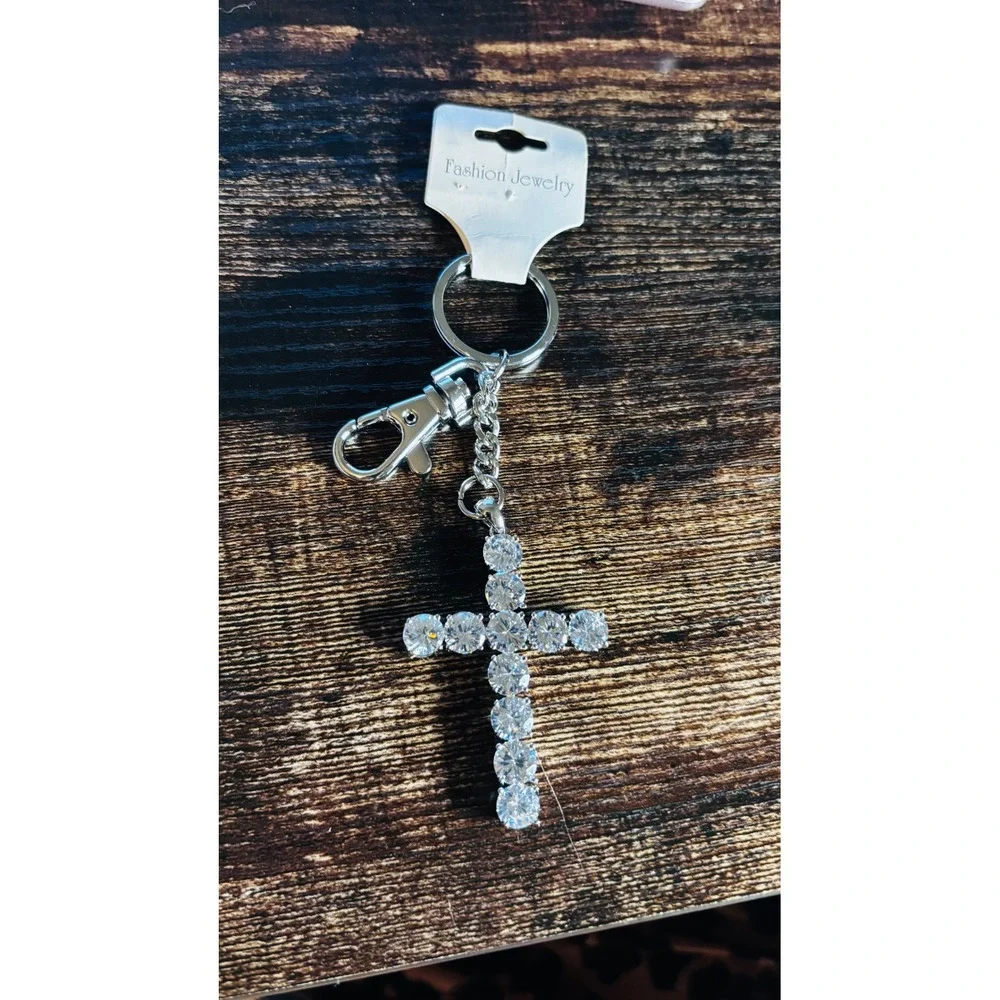 Silver Rhinestone Cross Keychain Bling Bag Charm New